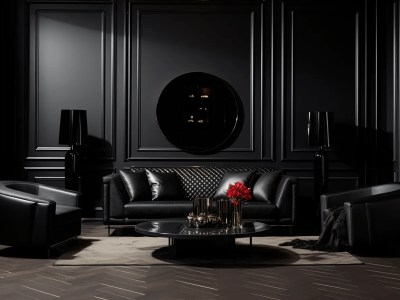 Black Living Room With Leather Furniture And Black Walls