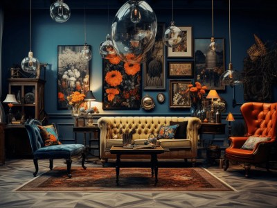 Blue And Orange Living Area With Furniture And Art