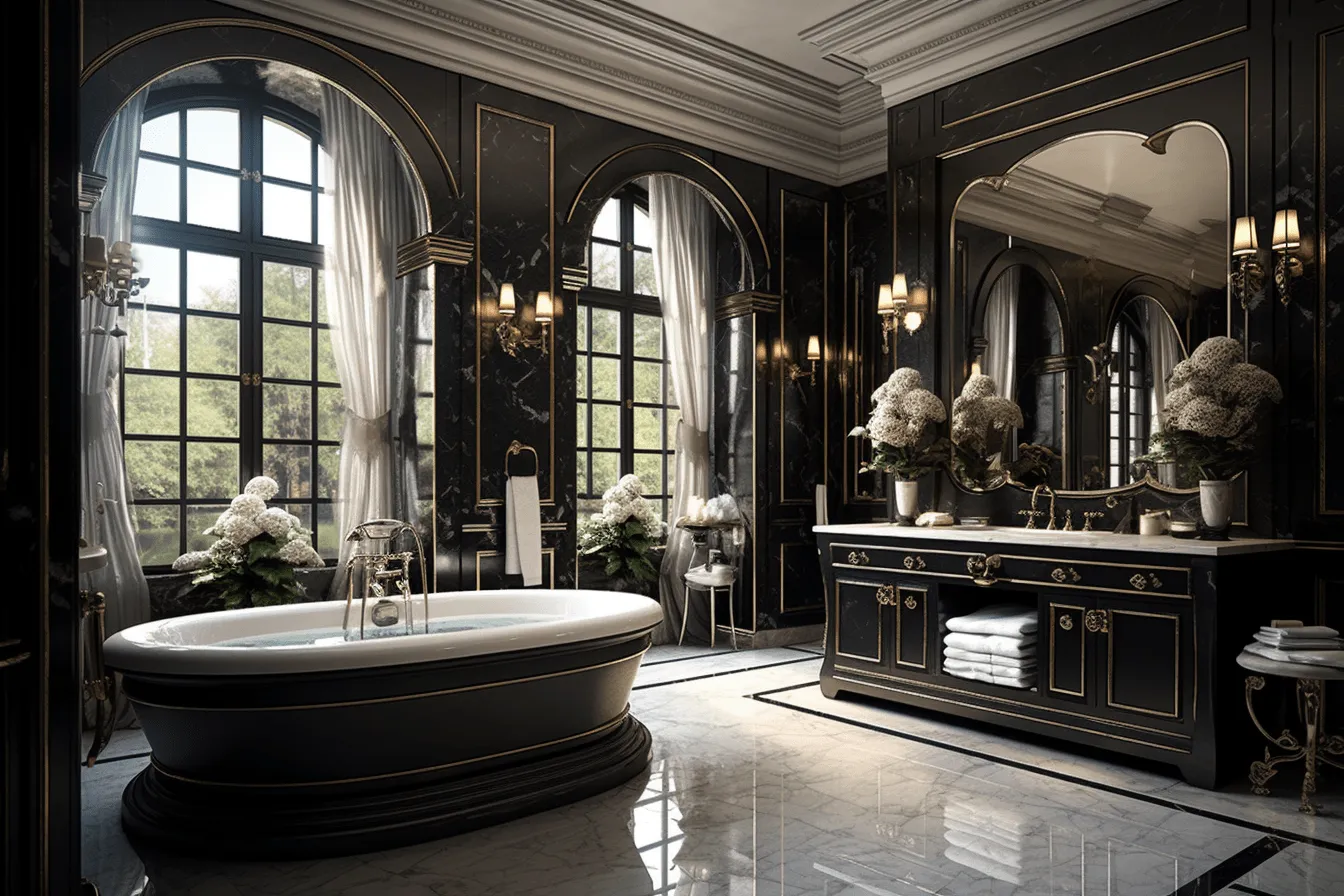 Elegant bathroom with large tub and large windows, realistic and hyper-detailed renderings, baroque chiaroscuro drama, 8k 3d, dark black and gold, arched doorways, ceramic, rich and immersive