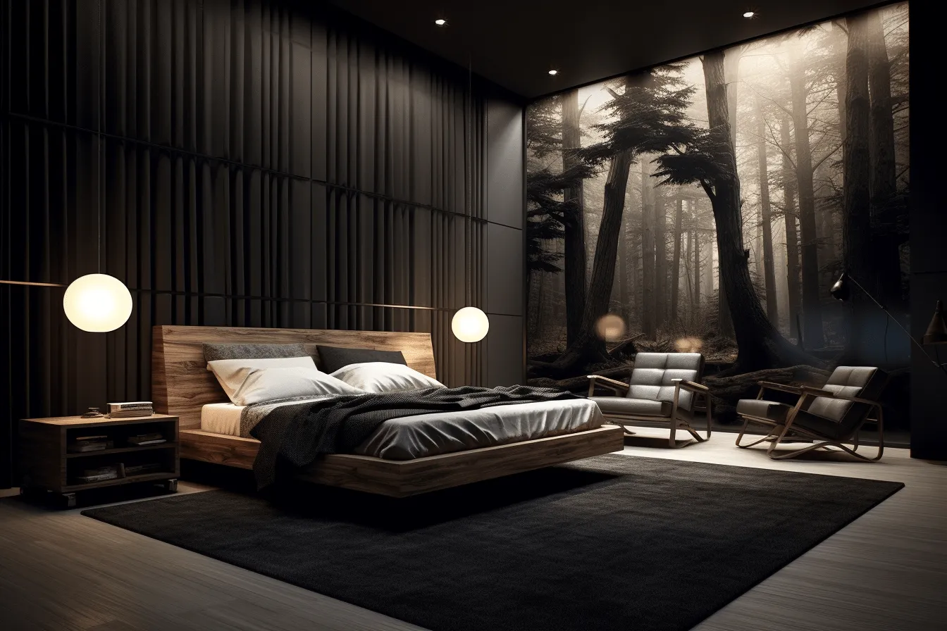 Cozy bedroom with a forest theme, dark modernism, photorealistic landscapes, 8k resolution, dark black and black, chiaroscuro portraitures, captures the essence of nature, grandeur of scale