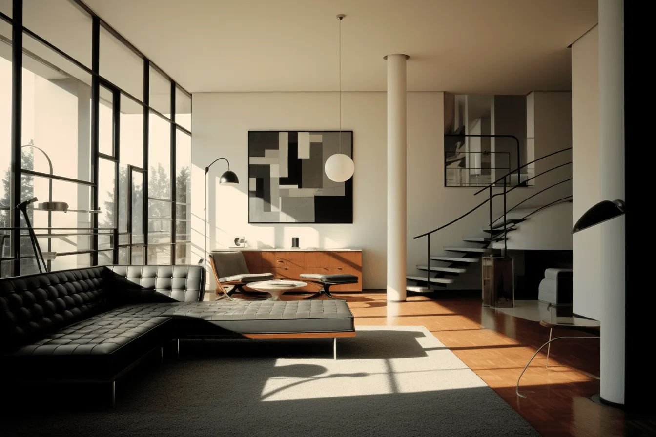Very large living room, vray tracing, brutalism, realistic portrayal of light and shadow, american tonalist, high contrast, bauhaus influence, leica m10