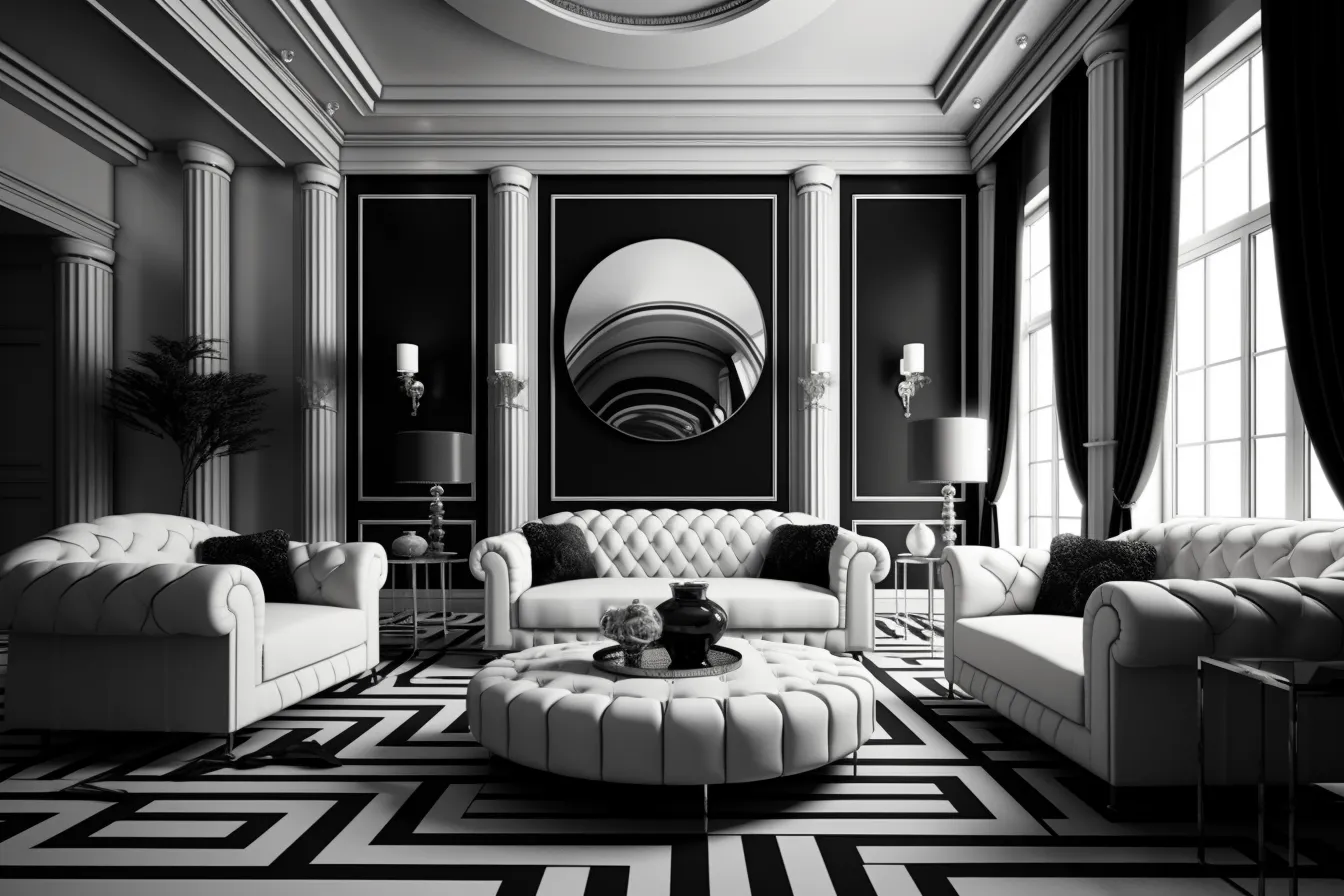 Black and white photo of a living room, art deco influence, realistic hyper-detailed rendering, bold palette, neoclassical, circular shapes, baroque-inspired chiaroscuro, bold lines, vibrant color