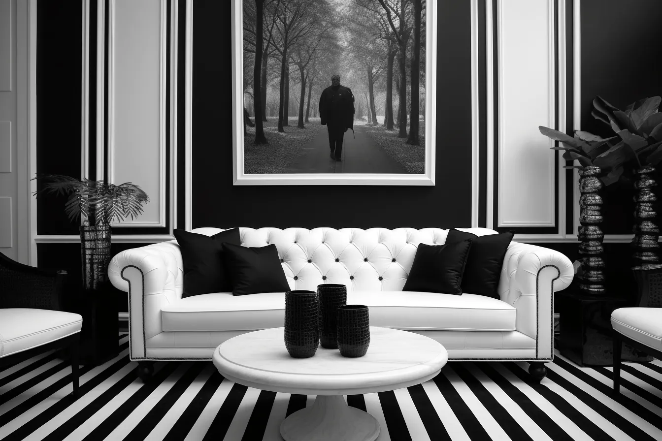 Black and white living room with striped pattern, surreal imagery, wealthy portraiture, romantic scenery, monochromatic hues, wimmelbilder, combining natural and man-made elements, staged photography
