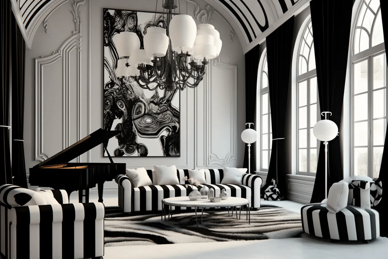 Black and white interior designs by tifany smith, striking digital surrealism, luxurious drapery, rococo-inspired art, stripes and shapes, monochromatic color scheme, photorealistic details, flemish baroque