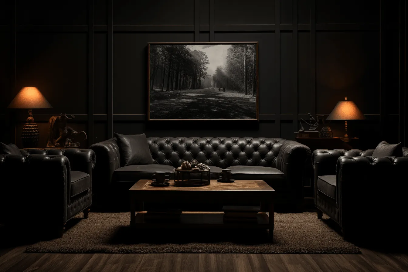 Dark wooden floor and couches, dark, moody landscape, precisionist, meticulously crafted scenes, chiaroscuro portraitures, captures the essence of nature, timeless nostalgia, 32k uhd