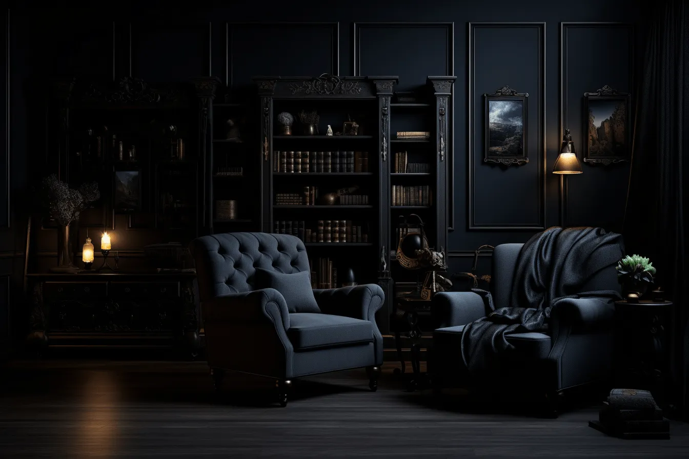 Black room has two gray chairs and lamps, dark fantasy, navy and black, historical fiction, 8k resolution, dark paradise, traditional color scheme, captivating