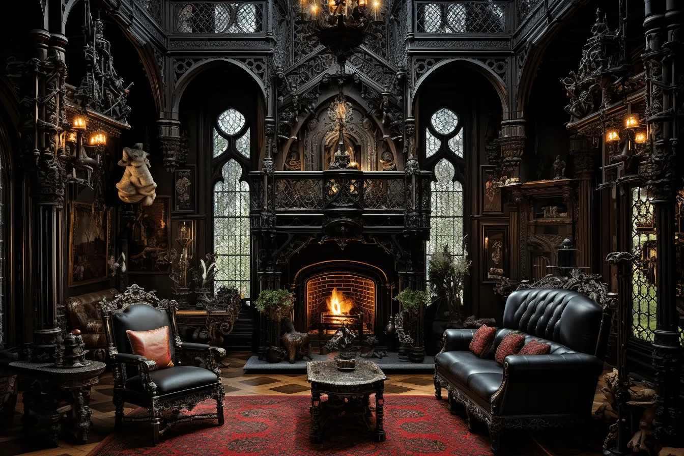 Black, gothic looking fireplace in a room, intricate woodwork, otherworldly atmosphere, gothic revival, playfully intricate, cinematic sets, meticulously detailed, leather/hide
