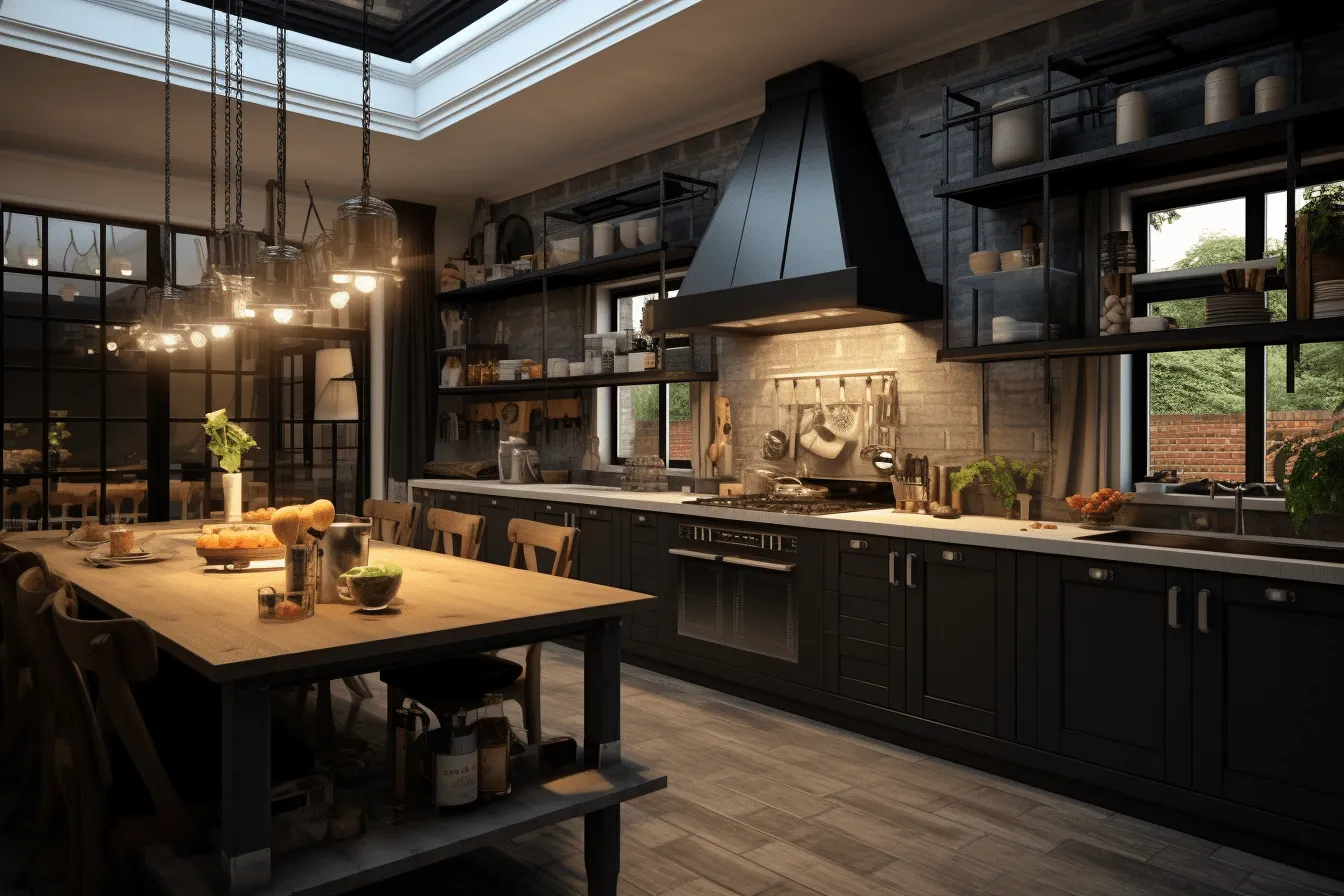Black wooden kitchen with black cabinets and a brick wall, daz3d, enchanting lighting, whimsical folk-inspired, uhd image, neoclassical, comic book-influenced, vray tracing