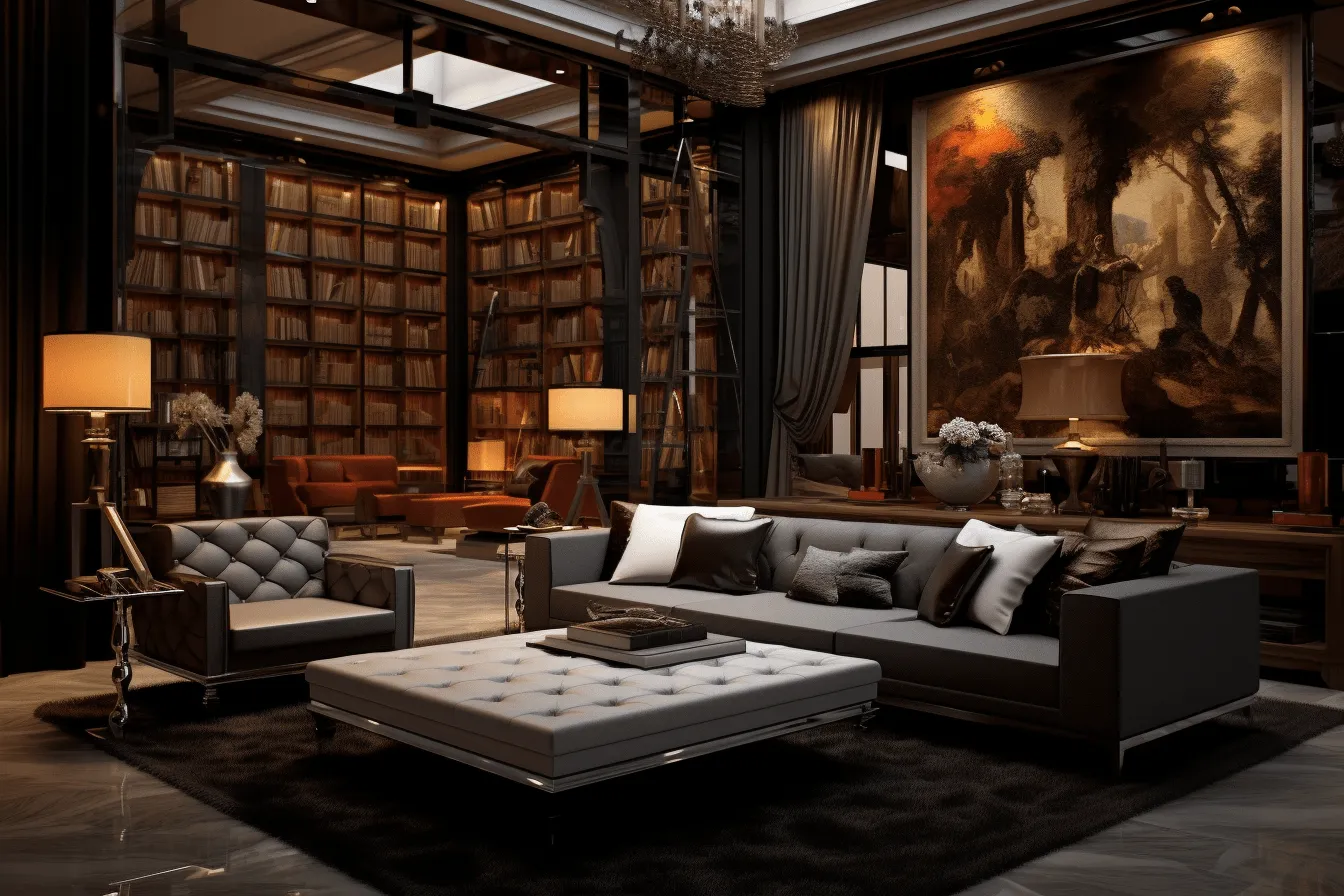 Living room 3d room decorating ideas, dark academia, cinematic elegance, realistic, detailed rendering, accurate and detailed, bibliopunk, dark silver and amber, illusionary architectural elements