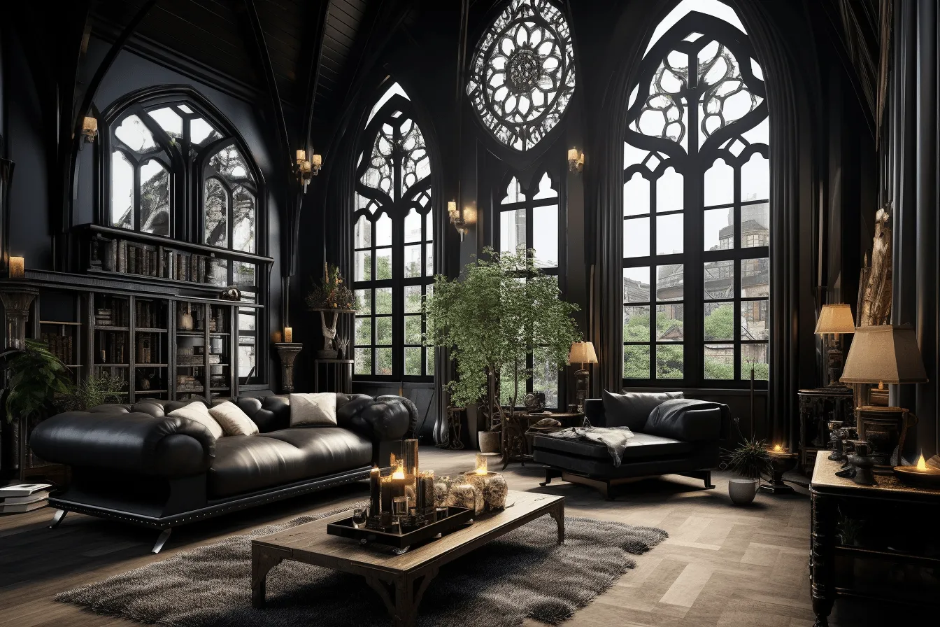 Large living room with black sofas and large windows, gothic steampunk, lush and detailed, photorealistic pastiche, dark and intricate, religious building, nature inspired, soft-edged