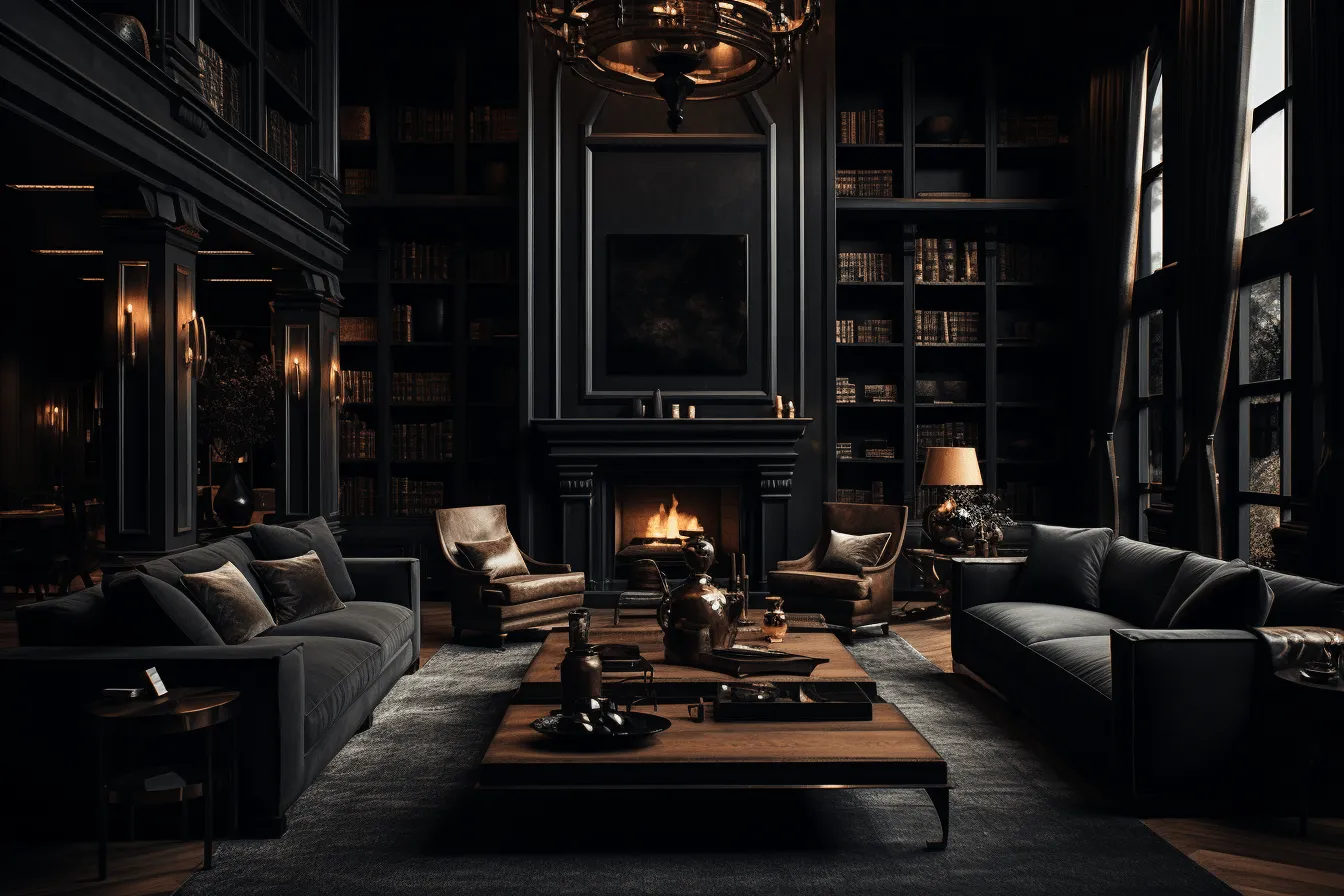 Room with black furniture and a fireplace, dark, moody landscapes, carved books, daz3d, luxurious interiors, warm tonal range, polished craftsmanship, iconic