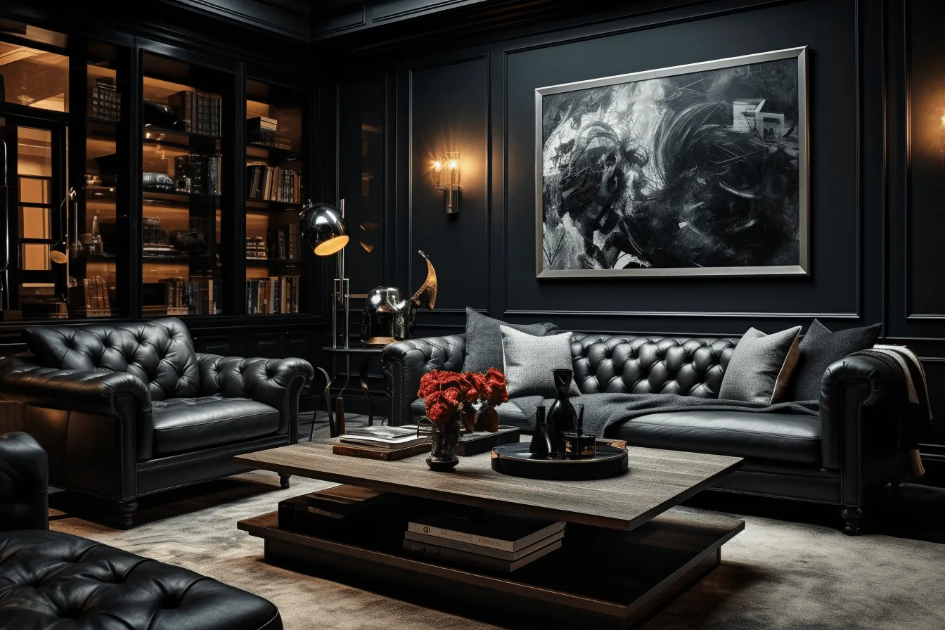 Black living room with furniture, a fireplace, and a bookshelf, precisionist art, dark palette chiaroscuro, exquisite detailing, luxurious textures, leather/hide, lifelike renderings, timeless artistry