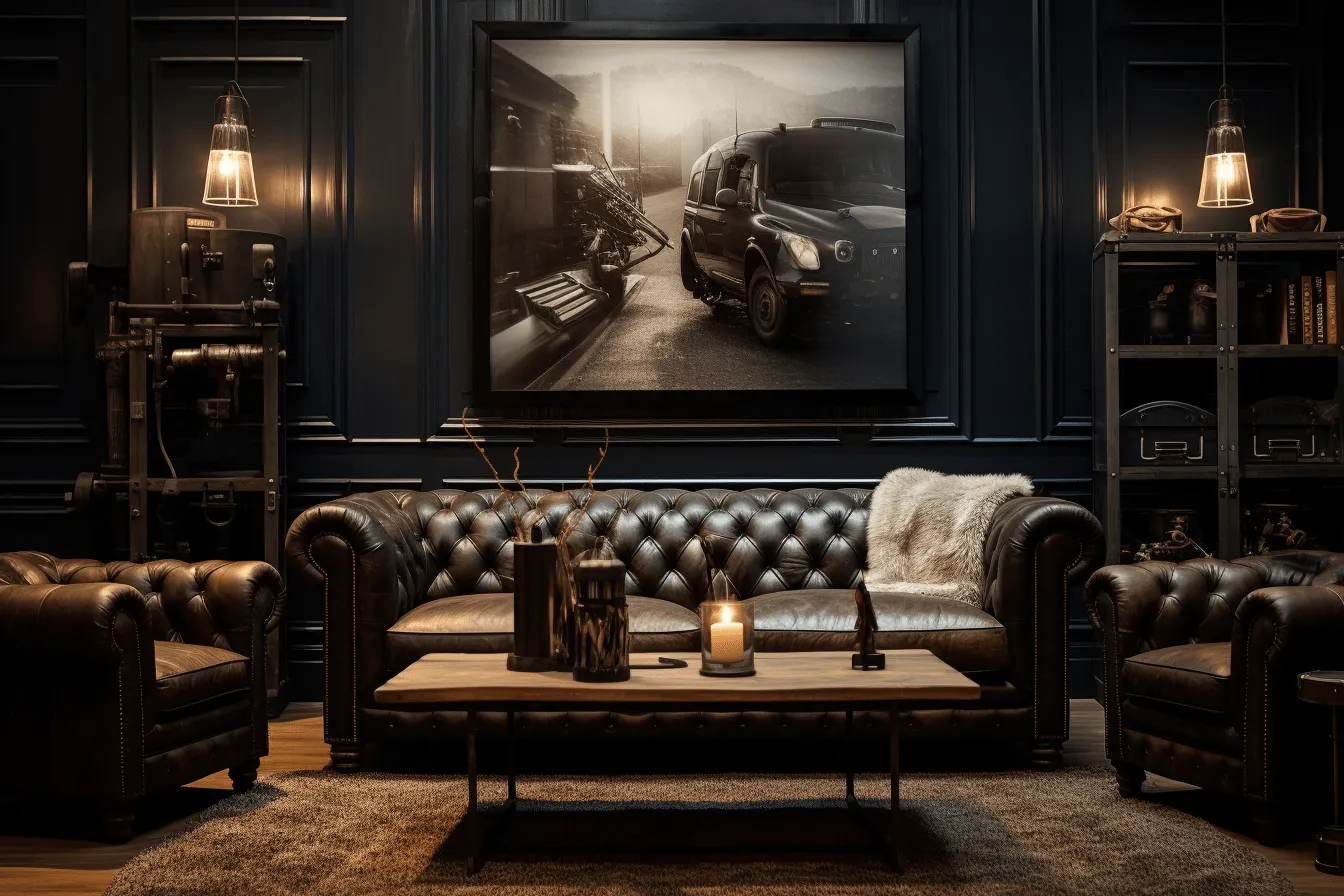 Room interior modern classic black leather sofa set with a frame and a frame, atmospheric and moody lighting, industrial paintings, victorian glasgow, classic american cars, navy and bronze, large-scale murals, rich tonal palette