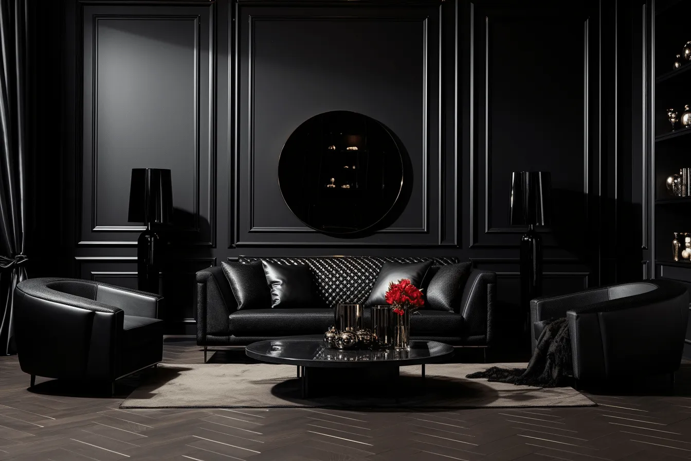 Black living room with black furniture and black walls, neoclassical clarity, daz3d, leather/hide, tabletop photography, classic still-life, faux naïf, luxurious geometry