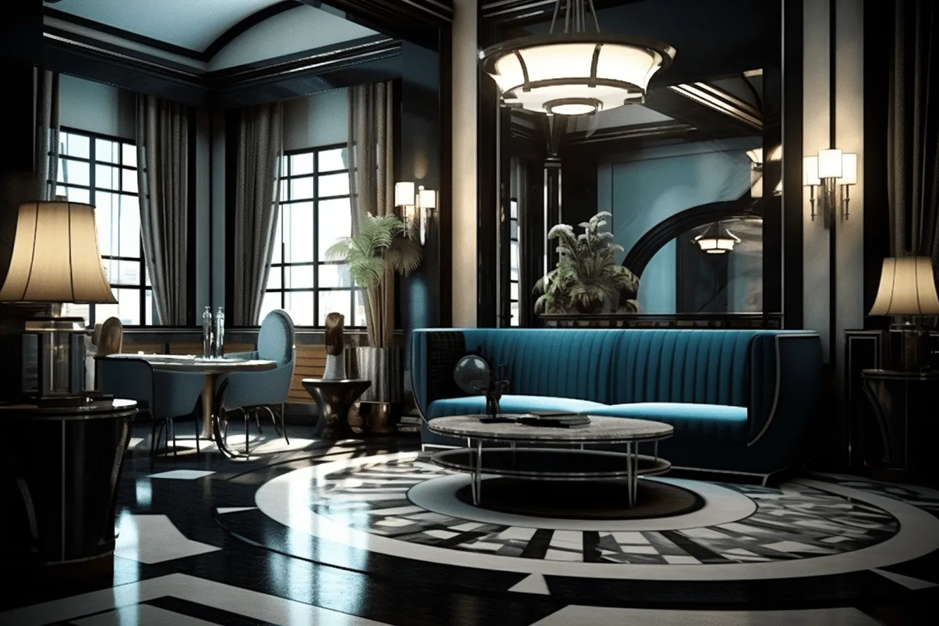 Black and white style living room with black leather furniture and lamps, bronze and azure, spatial concept art, vienna secession, cinematic sets, navy and cyan, rounded, atmospheric and dreamy