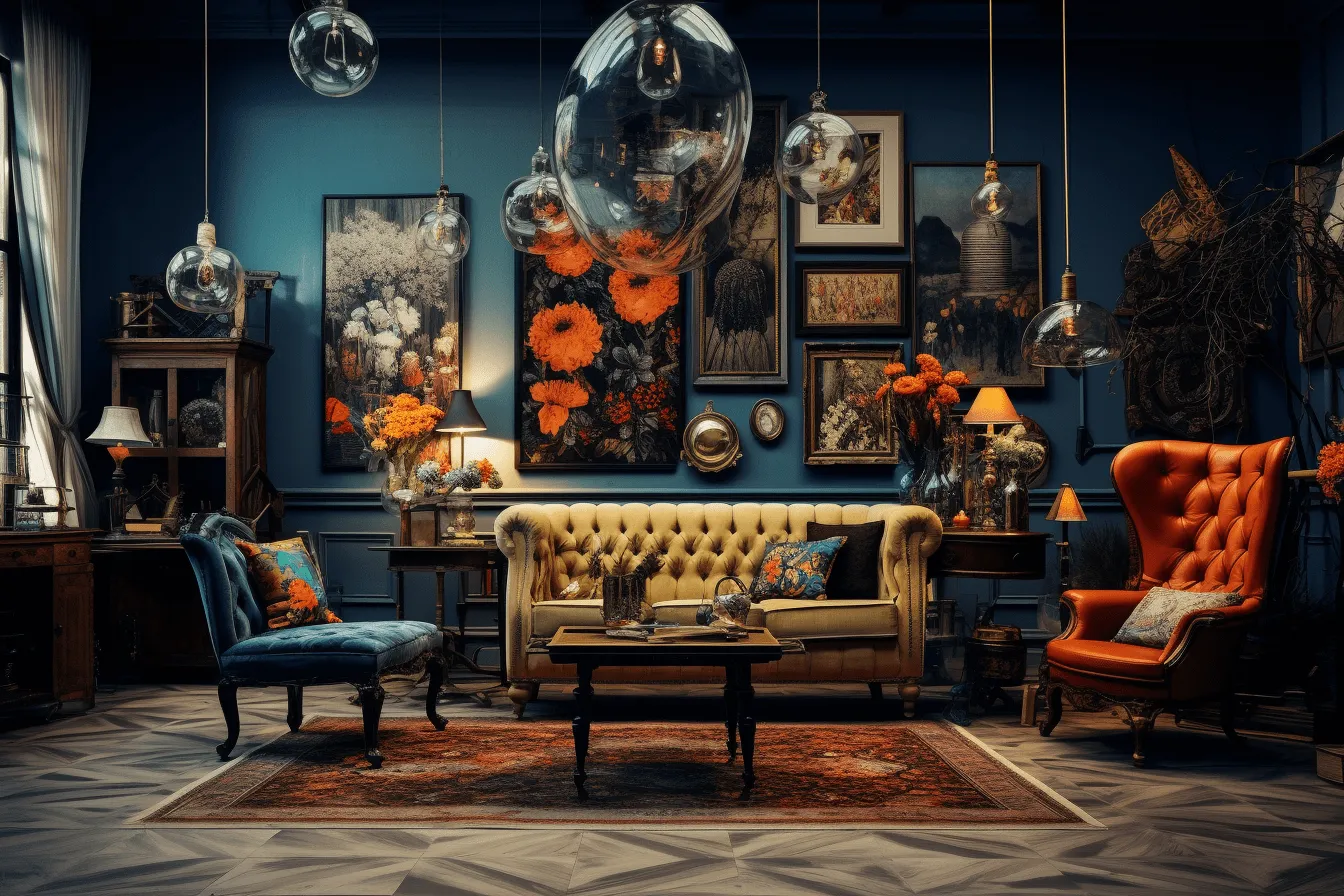 Vintage style room inspired by art gallery, dark azure and orange, detailed hyperrealism, steampunk influences, uhd image, floral accents, captivating lighting, mid-century