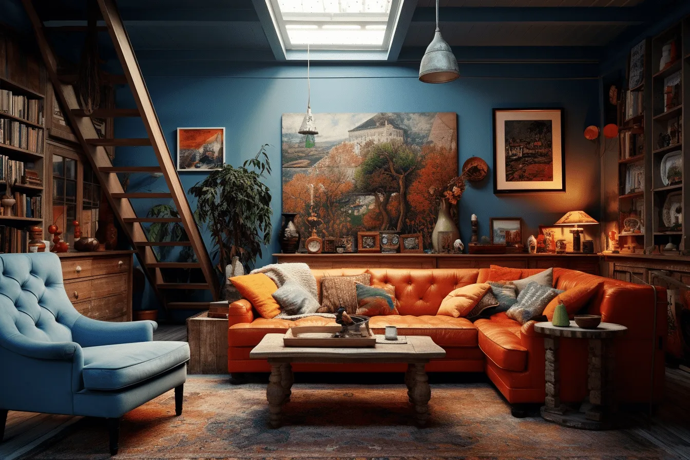 Orange sofa in a modern living room, dark sky-blue and light brown, highly detailed environments, dutch genre scenes, industrial themes, solarizing master, thick paint, rustic charm