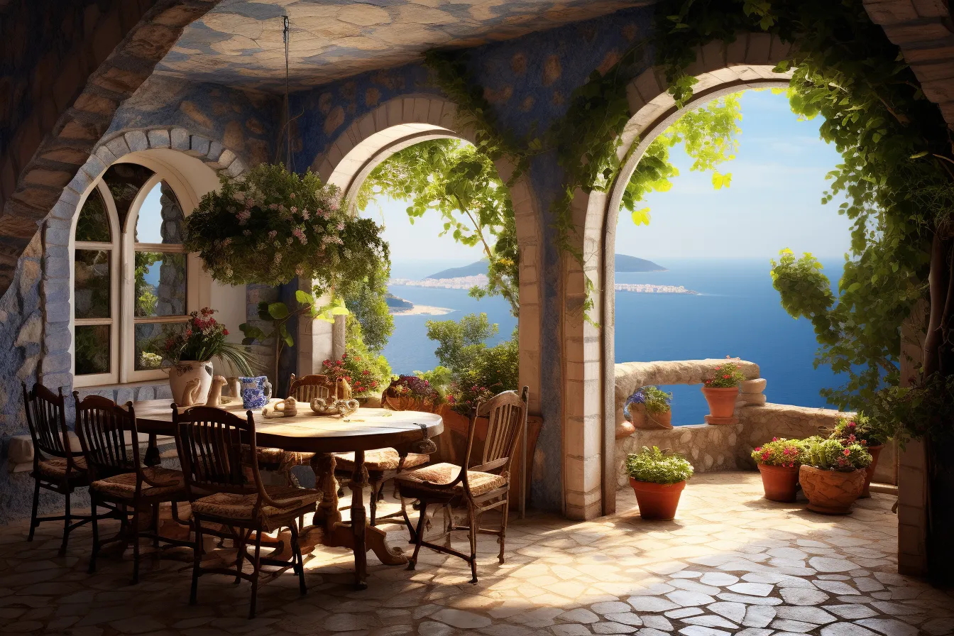 Artdeaconail rohdala in a dining room, mediterranean landscapes, daz3d, uhd image, romanticized country life, architectural compositions, nature inspired, photo-realistic landscapes