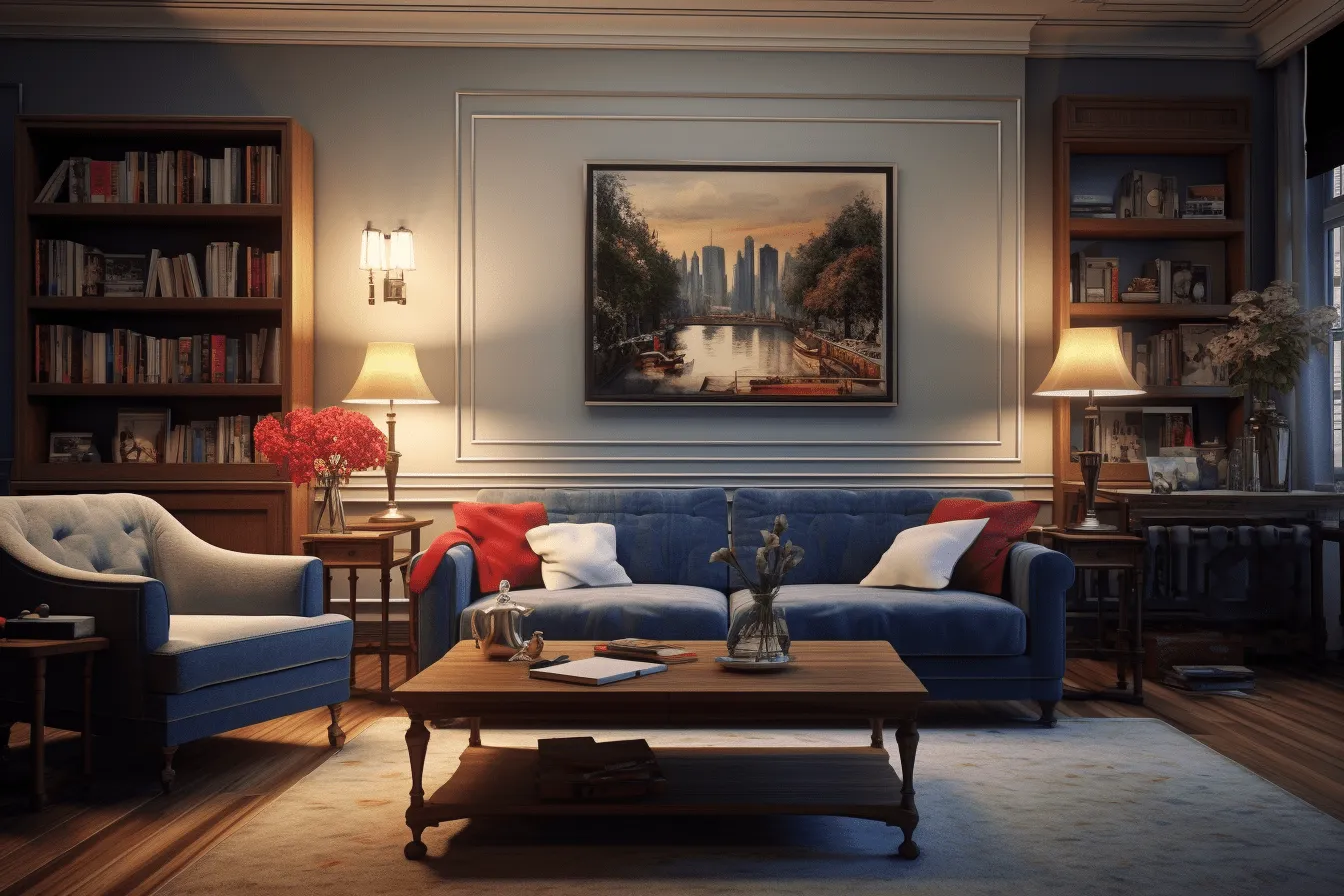 Beautiful room with blue couches and two big bookcases, american scene painting, unreal engine, emotive lighting, traditional oil painting, cityscapes, weathercore, light navy and red