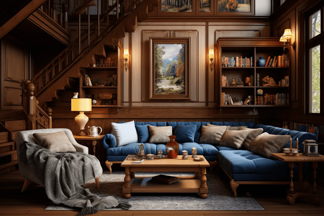 Living room has large wooden stairs, dark azure and bronze, highly detailed environments, soft atmospheric scenes, rustic americana, narrative paneling, atmospheric ambience, blue and beige