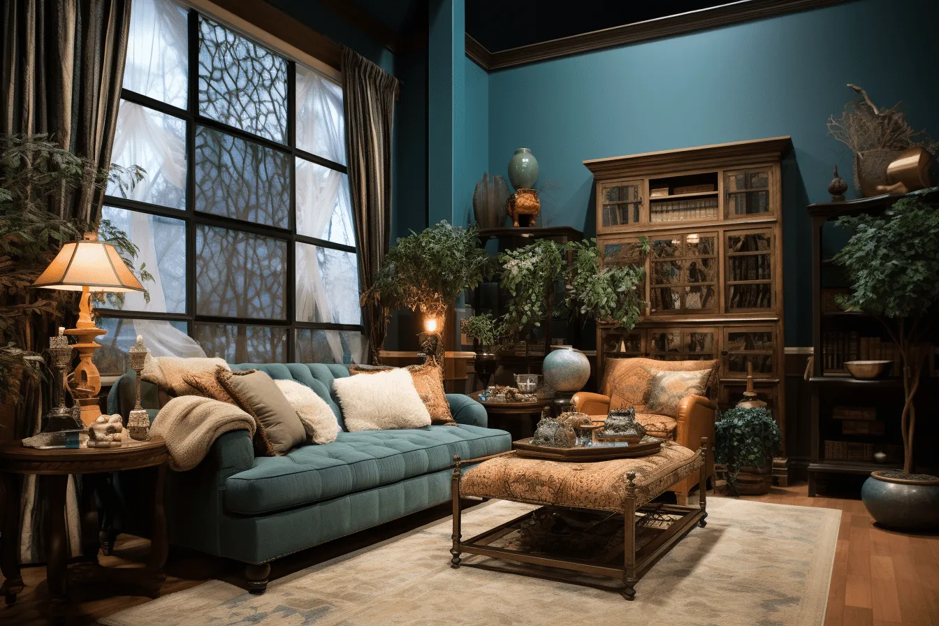 Blue walls of living room, earthy naturalism, vignetting, dark turquoise and dark bronze, monochromatic color scheme, highly staged scenes, atmospheric lighting, restored and repurposed