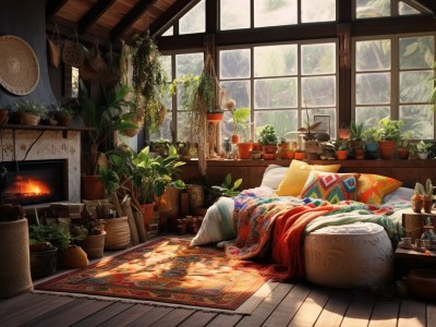 Boho Bedroom With Plants On A Wooden Floor
