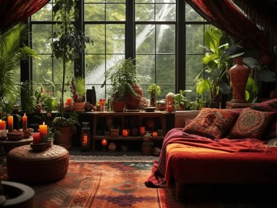 Boho Room With Large Windows And Many Plants