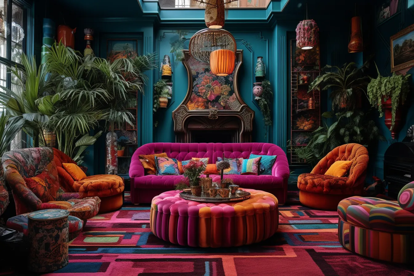 Kathie mahony interior styling for hgtv in london, london interior design, psychedelic-inspired, dark pink and teal, terracotta, exotic atmosphere, maximalism, high quality photo, richly colored