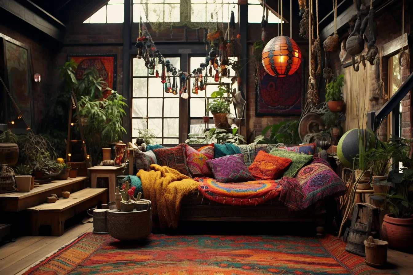 Bohemian living room with colorful furniture and decorations, dreamlike environments, 8k resolution, abandoned spaces, dark amber and red, romanticized views, cabincore, exotic