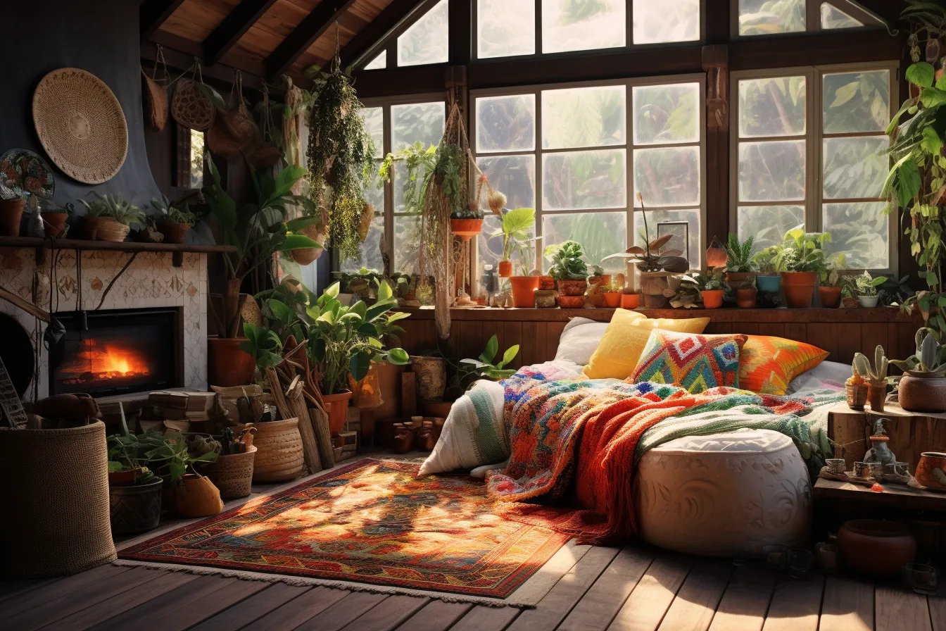 Boho bedroom with plants on a wooden floor, 32k uhd, eccentric props, outdoor scenes, warm tonal range, primary colors, studyplace