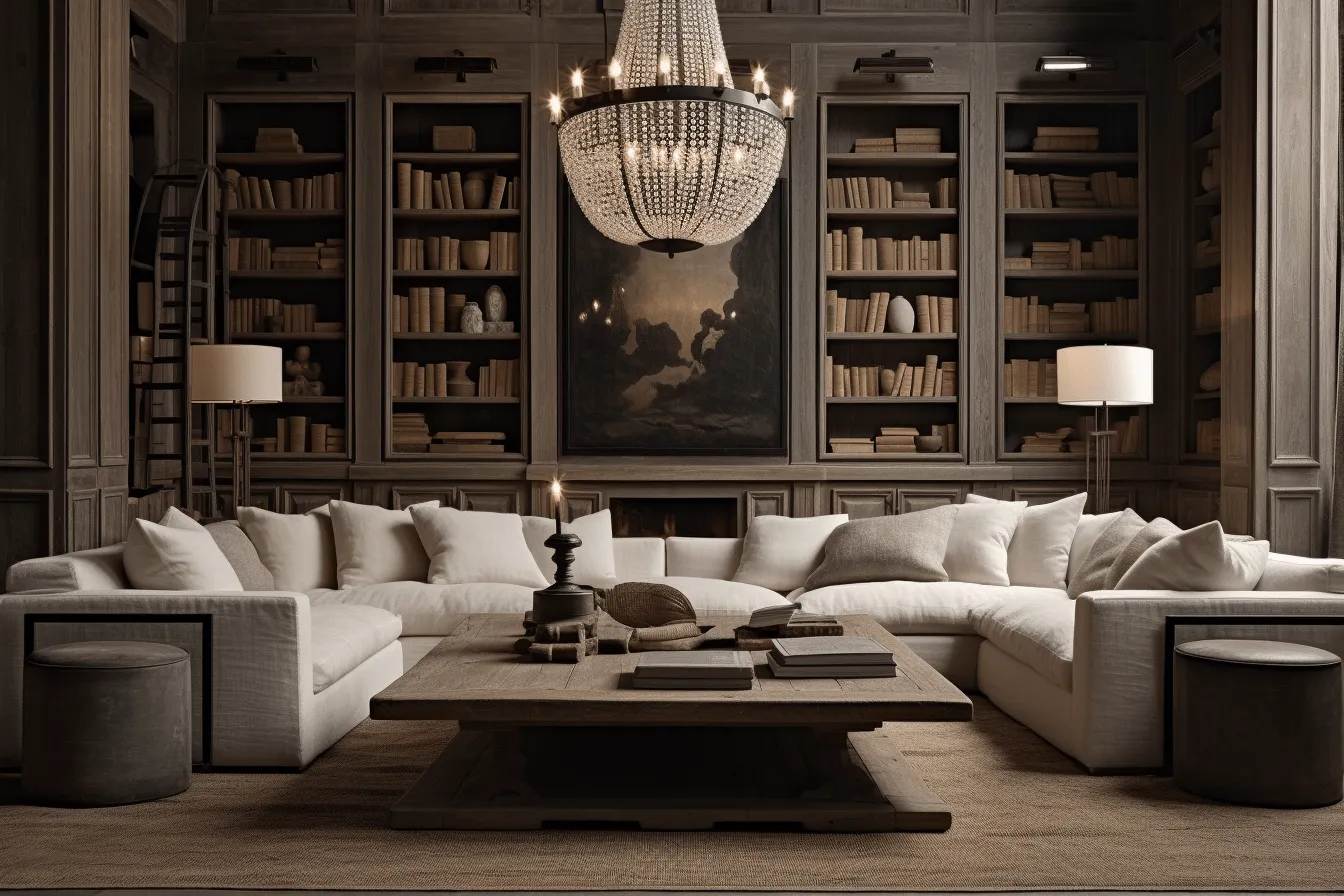 Living room with couches and a chandelier, large canvas sizes, moody monotones, detailed craftsmanship, multi-layered, bibliopunk, photorealistic art, white and beige