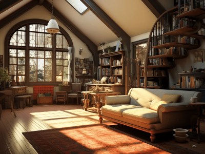 Brown Couch In A Living Room With Bookshelves