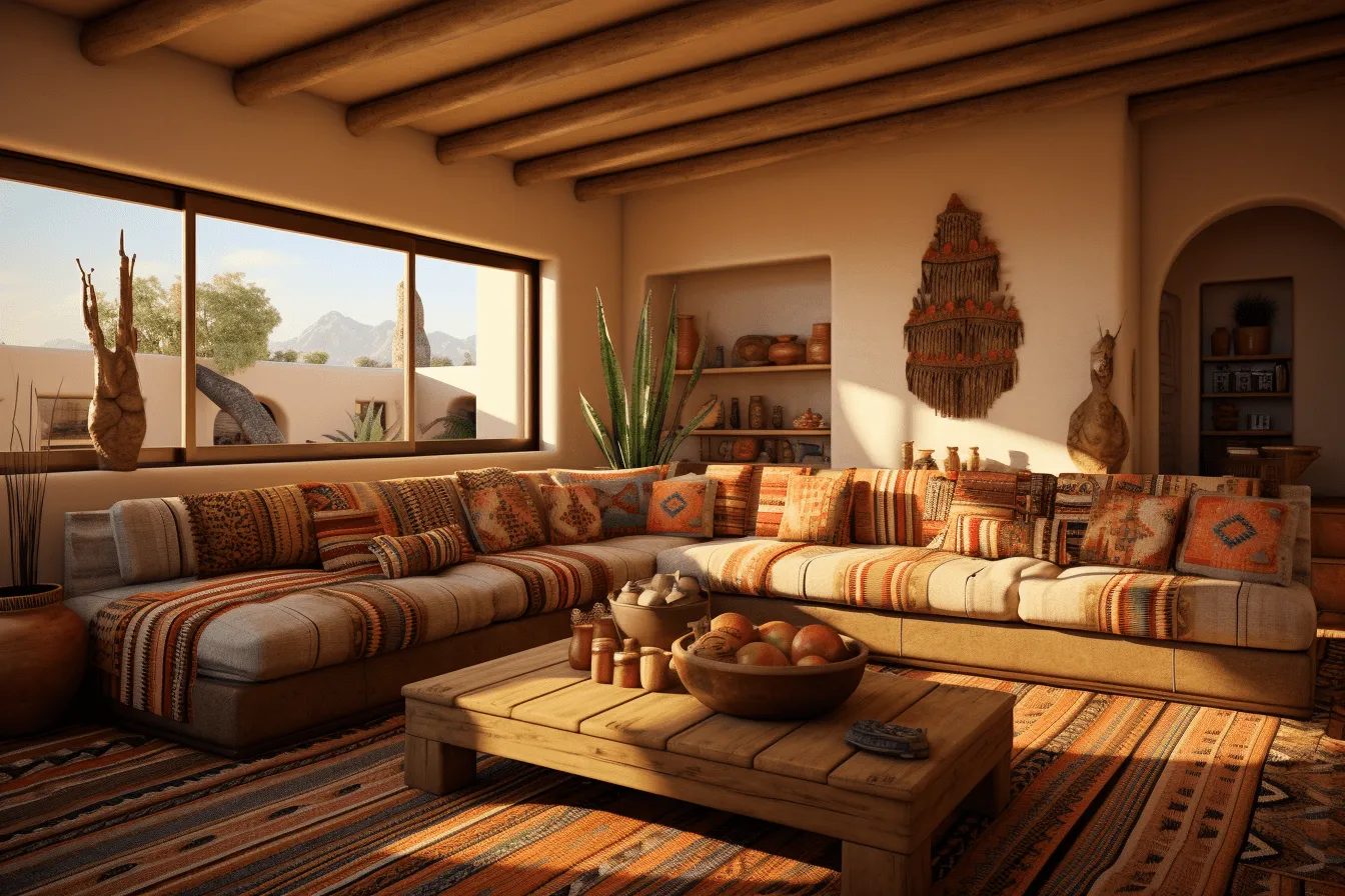 Brown and tan sofa, mesoamerican influences, rendered in unreal engine, traditional mexican style, mediterranean landscapes, warm color palette, wood, uhd image