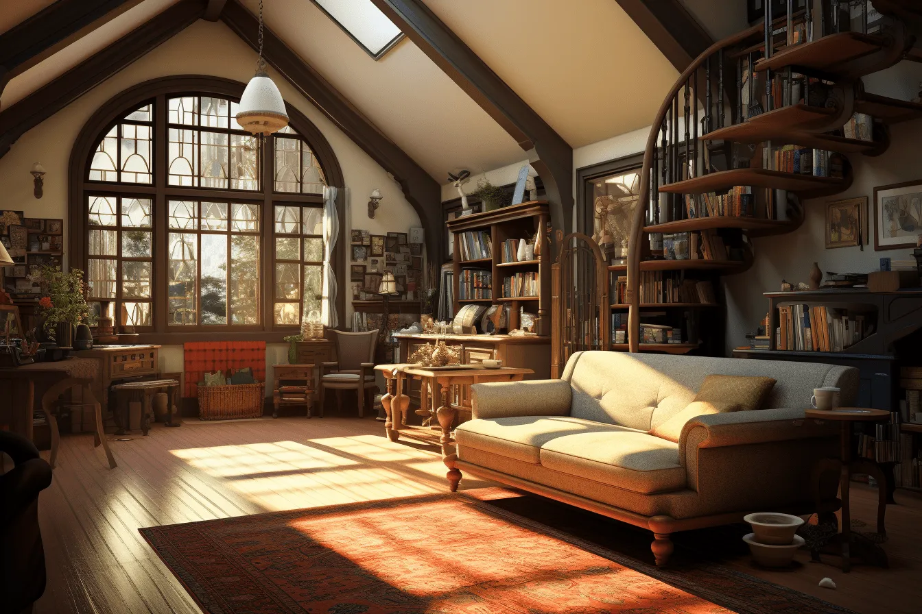 Wood beam in the room, vray tracing, suburban gothic, rendered in unreal engine, sunrays shine upon it, bibliopunk, orange and amber, charming, idyllic rural scenes