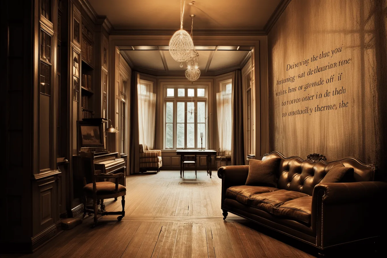 Room has a couch, dramatic atmospheric perspective, romantic academia, daguerreotype, light brown, monochromatic scheme, musical academia, viennese actionism