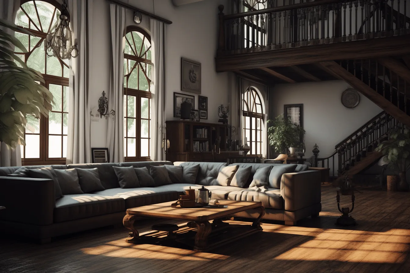 Couch, coffee table, and other pieces of furniture, attention to atmospheric effects, detailed architecture, sunrays shine upon it, dark romanticism, 32k uhd, swiss style, contrasting shadows