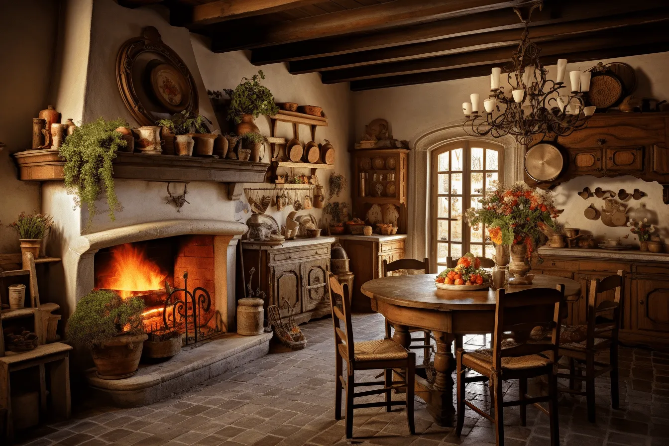 Brick fireplace, kitchen still life, french countryside, storybook-like, highly staged scenes, light orange and dark brown, expansive