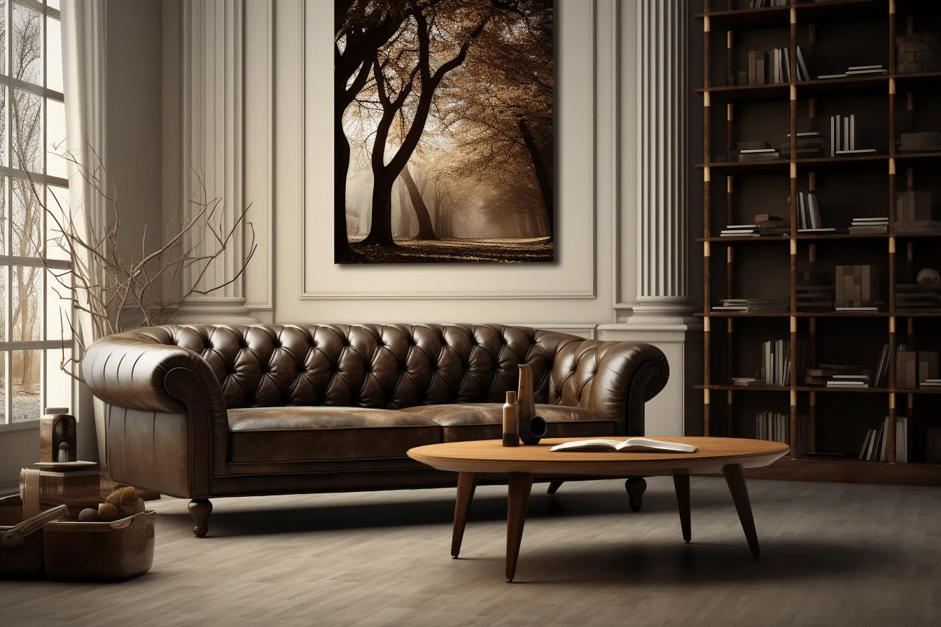 Book shelves are in the middle of a room with a table and leather couch in it, classical landscapes, photorealistic art, atmospheric woodland imagery, brown and black, soft focal points