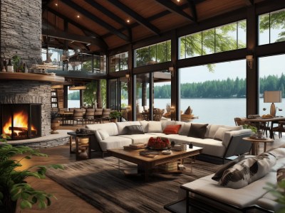 Cabin Style Living Room Overlooking The Lake