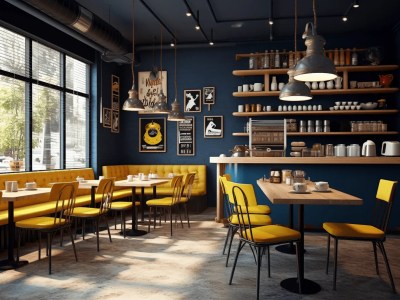 Cafe With Blue Walls And Yellow Seating