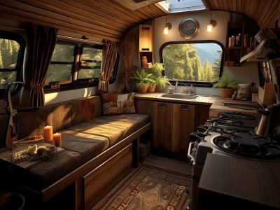 Camper Van With A Wood Stove And A Seat