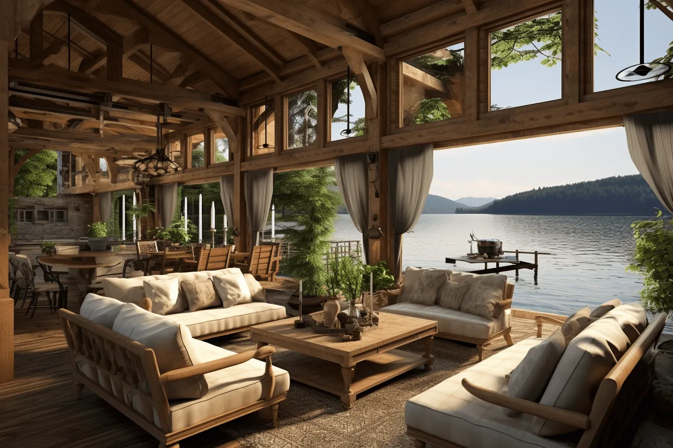 Interior deck, with wooden furniture, next to a lake, daz3d, rustic scenes, uhd image, luxurious interiors, cabincore, precisionist style, anglocore