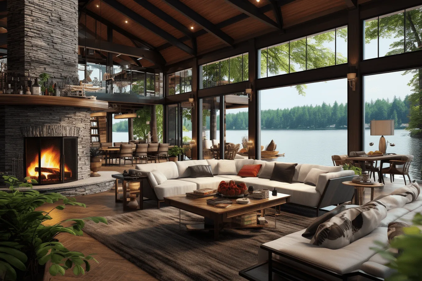 Lake cabin living room interiors and cottages, photorealistic rendering, 32k uhd, dark bronze and beige, contemporary glass, outdoor scenes, rich textures, high resolution