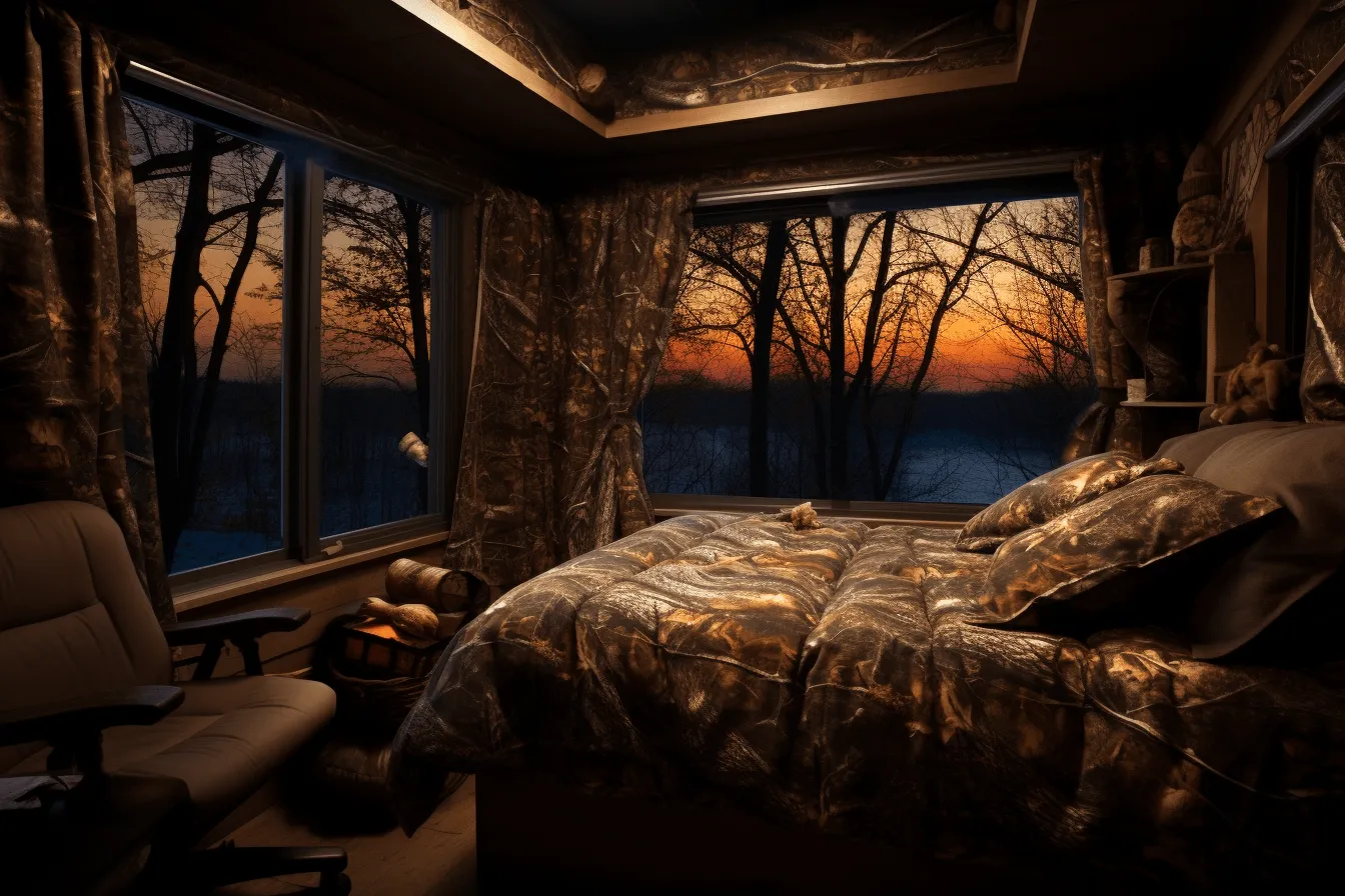 Camouflage pattern on the headboard, dark, moody landscapes, cabincore, dramatic lighting, windows vista, richly colored skies, adventurecore, highly staged scenes