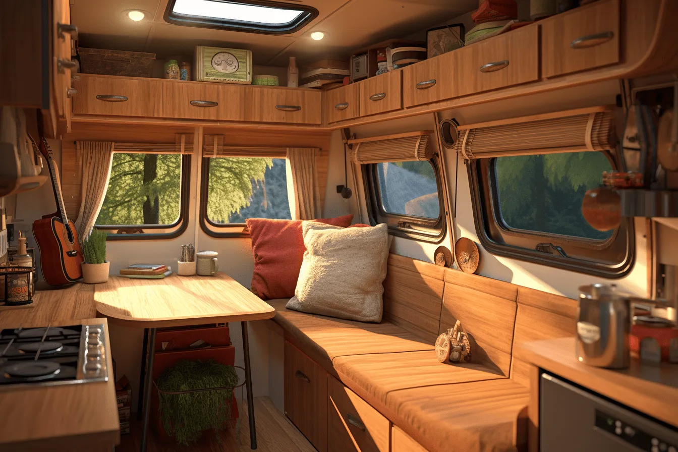 This is a space inside an rv, realistic hyper-detailed rendering, golden light, natural materials, uhd image, dark orange and light cyan, tranquil gardenscapes, wood
