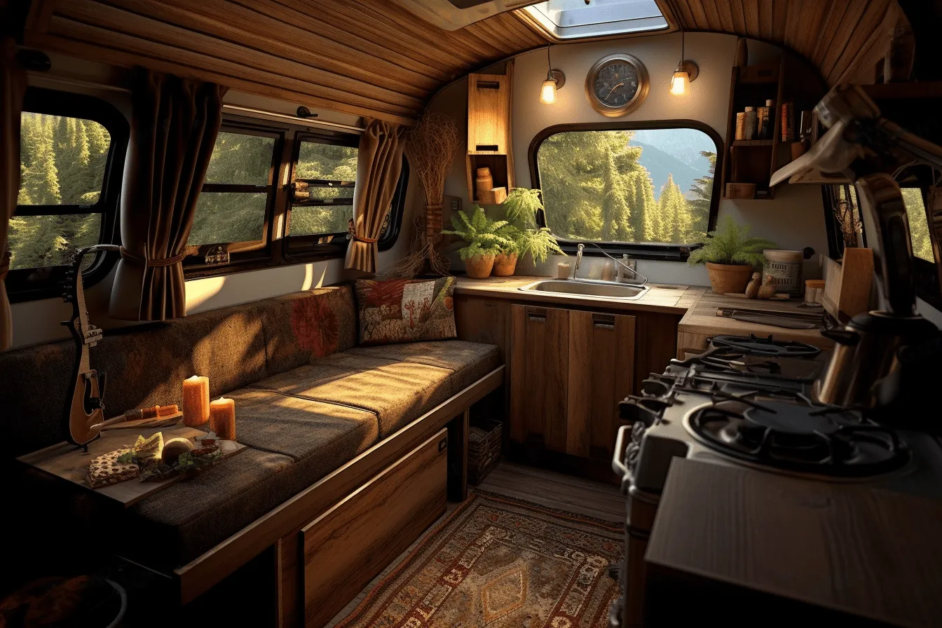 Kitchen area of a motor home, photorealistic landscapes, golden light, rendered in maya, lush scenery, moody atmosphere, classic american cars, nature-inspired imagery