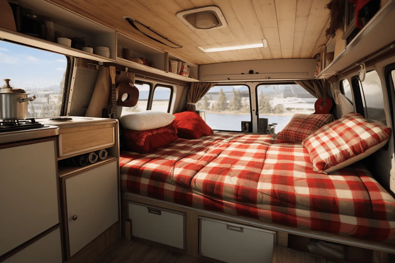 Rv with a bed inside it, solarization effect, light brown and red, 8k resolution, norwegian nature, rusticcore, sleepycore, bold patterned quilts