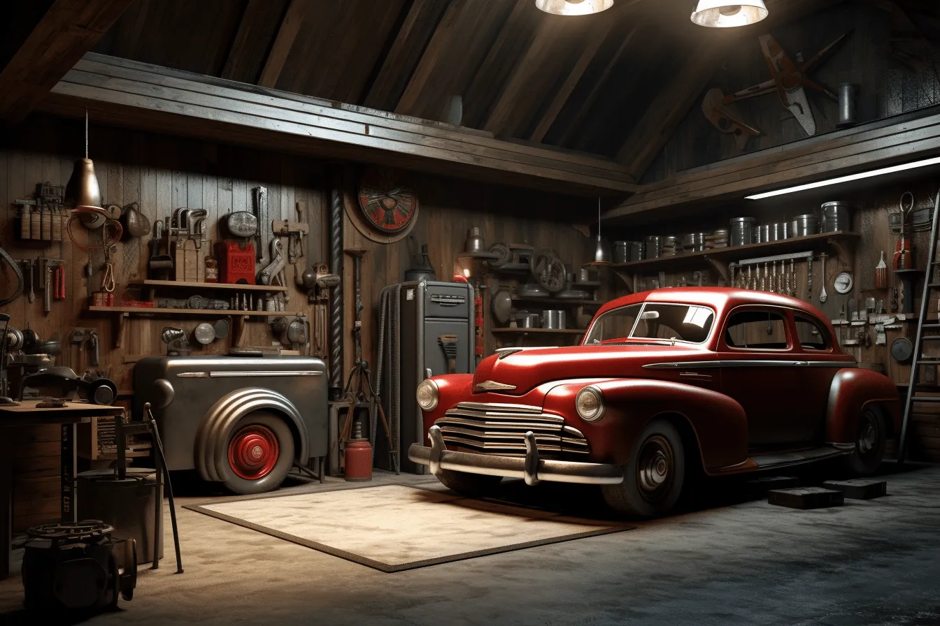 Car in a garage, unreal engine 5, hyperrealistic illustrations, old-world charm, vray, 1940s–1950s, photo-realistic techniques, dark red
