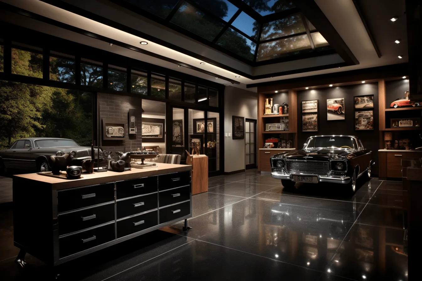 Garage has a car on the floor, enchanting lighting, dark bronze and black, american mid-century design, intricate ceiling designs, light-filled landscapes, darkly detailed, strong lighting contrasts