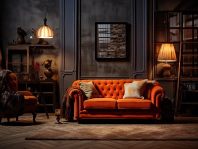 Chair In A Room With An Orange Sofa And Lamp